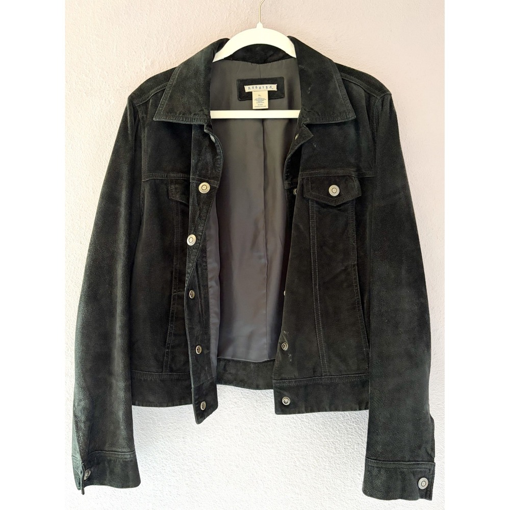 Y2K Rubbish XL Black Genuine Leather Suede Trucker Jacket‎ Boho Grunge Western